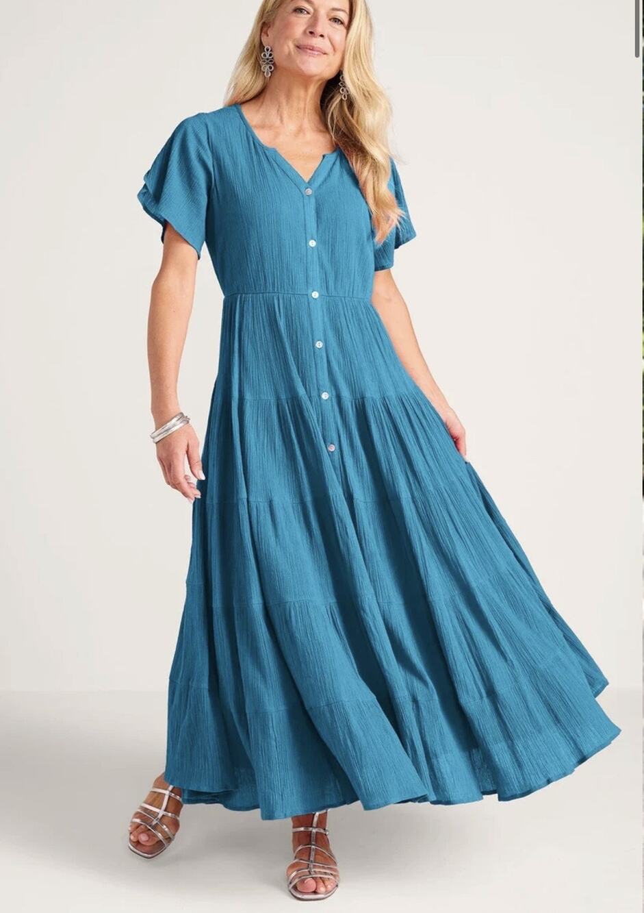 Soft Surroundings Maxi Dress Crystal Teal Tiered Button Front Flutter Sleeve P1X